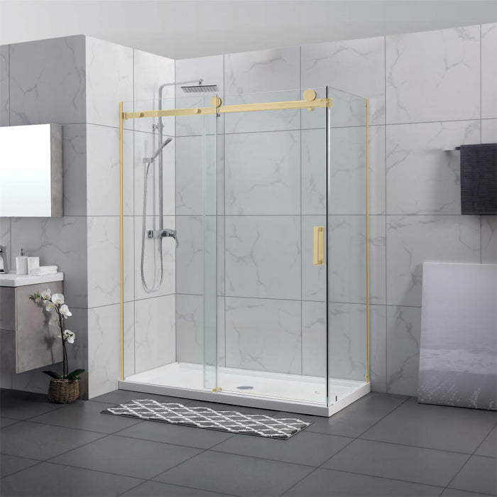 1180-2000x2000mm L Shape Sliding Frameless Brushed Gold Square Rail Handle 10mm Glass Shower Screens