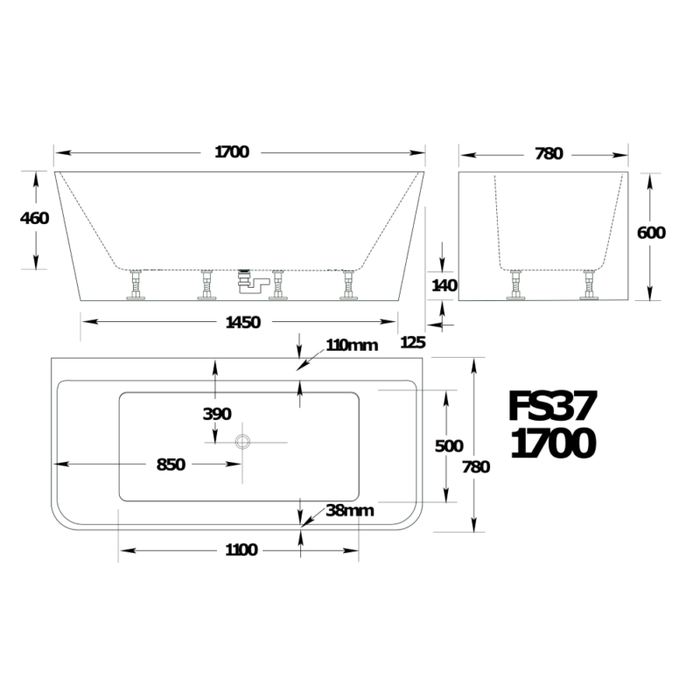 FS37 1700mm Gloss White/Black Rectangle 10 Jets Back to Wall Freestanding Spa Bath - HD reno