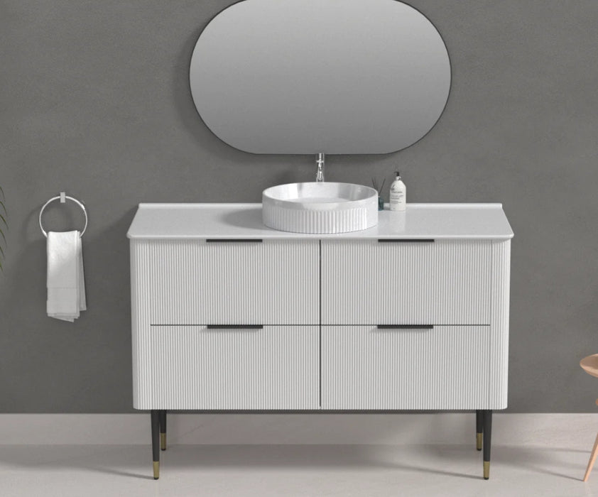 600-1500mm SUN Slim-Line Curved White Fluted Wall Hung Vanity Cabinet Only