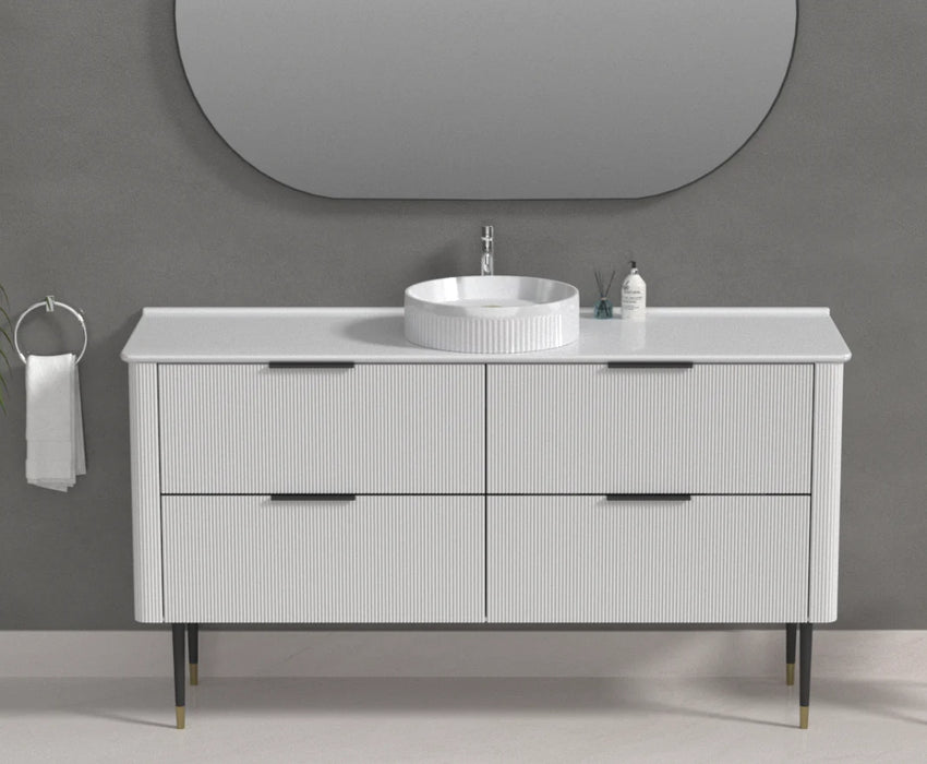 600-1500mm SUN Slim-Line Curved White Fluted Wall Hung Vanity Cabinet Only