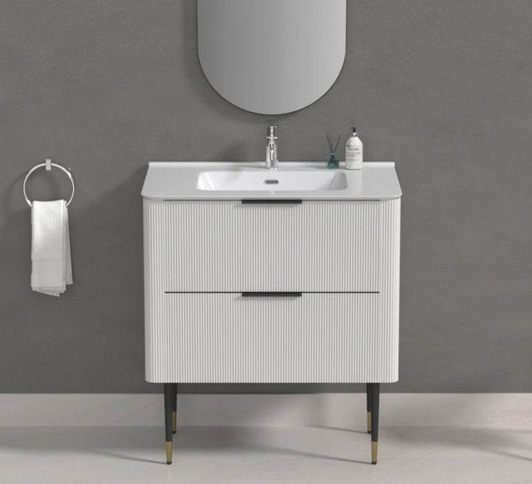 600-1500mm SUN Slim-Line Curved White Fluted Wall Hung Vanity Cabinet Only