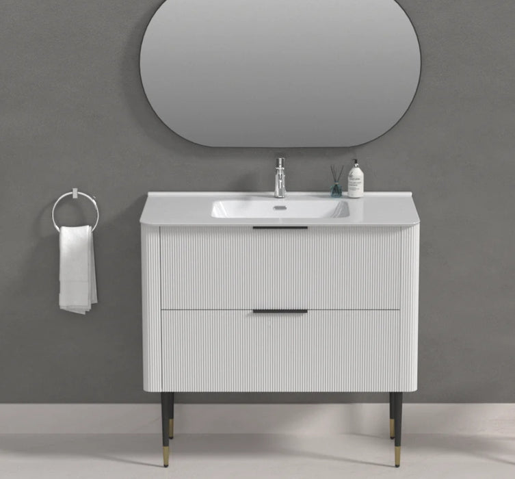 600-1500mm SUN Slim-Line Curved White Fluted Wall Hung Vanity Cabinet Only