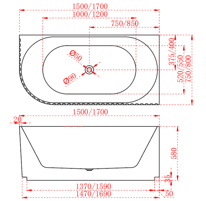 1500/1700mm ABS Roma Riva Gloss or Matt White Oval Sharp Flute Profile Corner Bathtub - HD reno