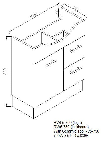 450-1200mm ROMA Semi-recessed White China Top With T Bar Handle Freestanding Bathroom Vanity