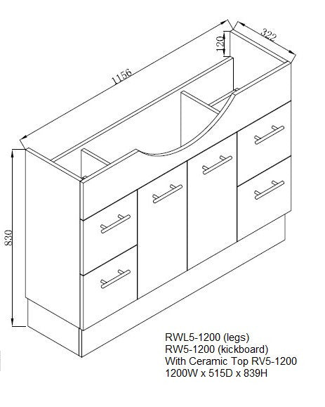450-1200mm ROMA Semi-recessed White China Top With T Bar Handle Freestanding Bathroom Vanity