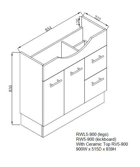 450-1200mm ROMA Semi-recessed White China Top With T Bar Handle Freestanding Bathroom Vanity
