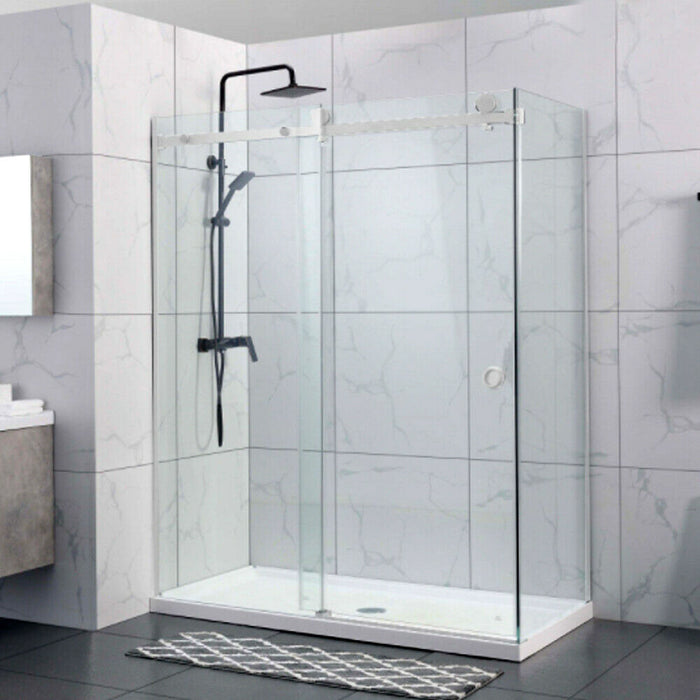 870-1180x2000mm Sliding L Shape Frameless Chrome 10mm Glass Embedded Circle Handle Shower Screens - HD reno