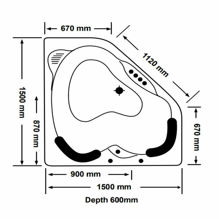 1500*1500*600mm Sapphira Spa Bath Tub 18 Jets Acrylic Drop in Corner