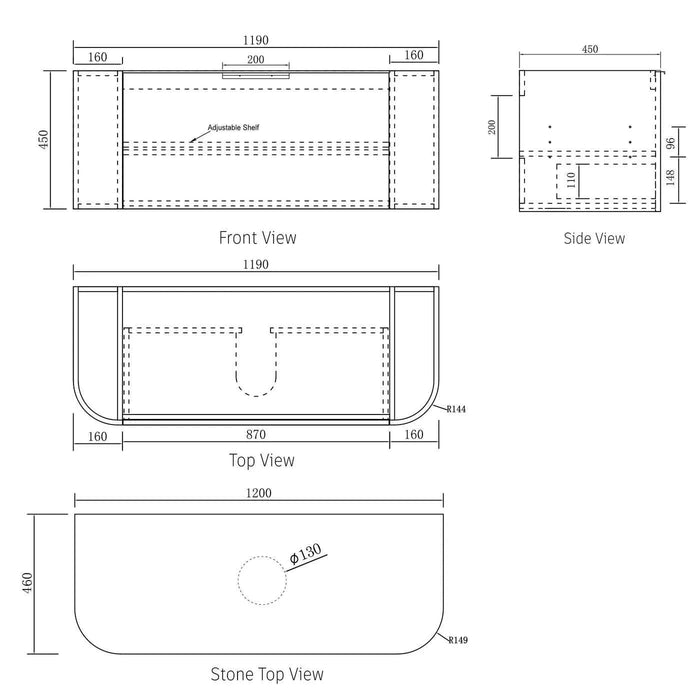 1200*460*450mm OTTI Bondi Black Oak Cabinet Only and Stone Top Bathroom Wall Hung Vanity