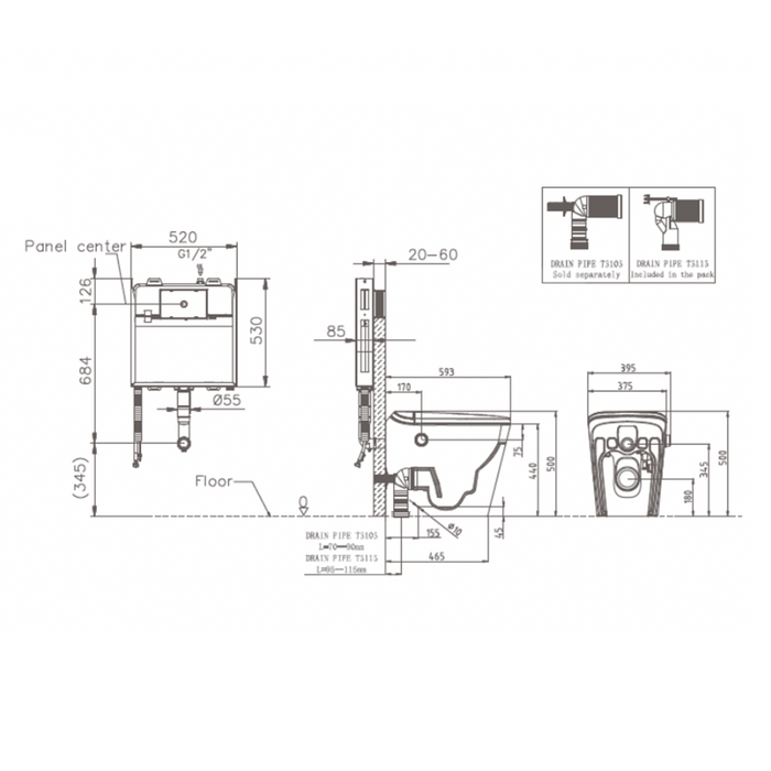 590*400*500mm Lafeme Autolux Rimless Gloss White Ceramic Smart Wall Floor Toilet - HD reno