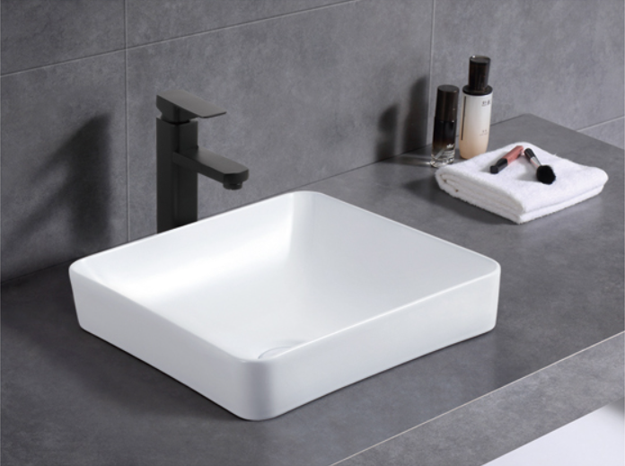 370x370x140mm ABS Stella Gloss White/Matt Black Ceramic Soft Square Semi-Inset Basin - HD reno