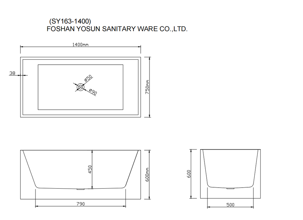 1400-1700*750*600mm Sunny 163 Gloss White Rectangle Acrylic Freestanding Bathtub