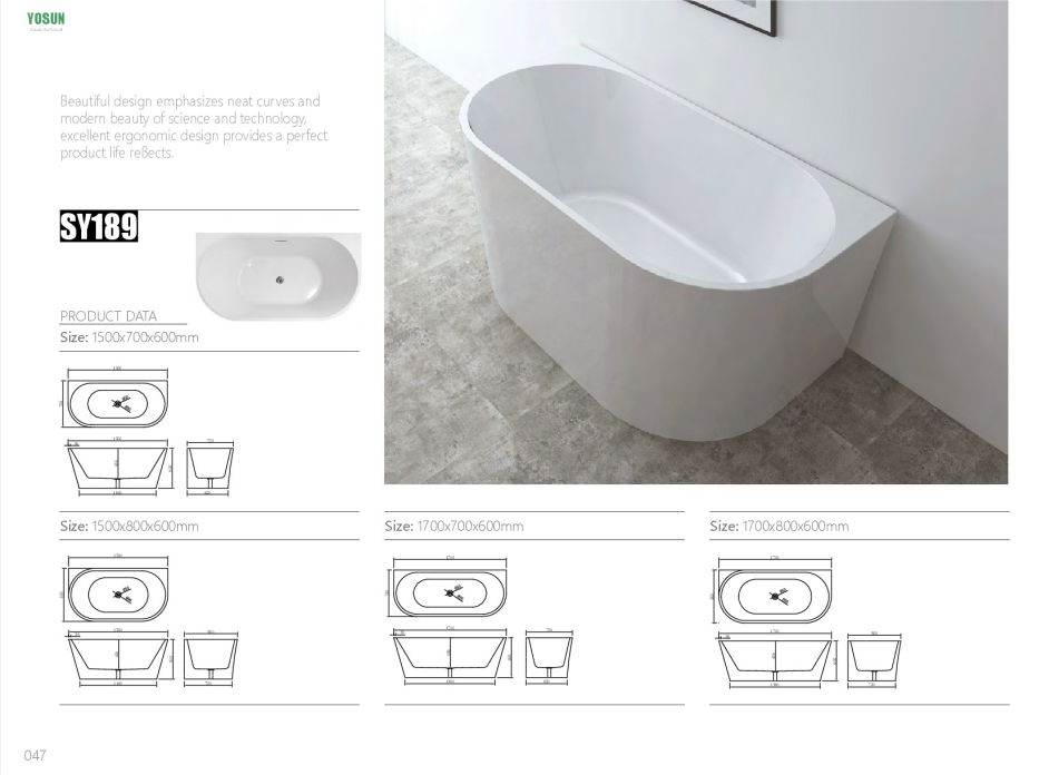 1400-1700*800*600mm Sunny 189 Gloss White Oval Acrylic Back To Wall Bathtub