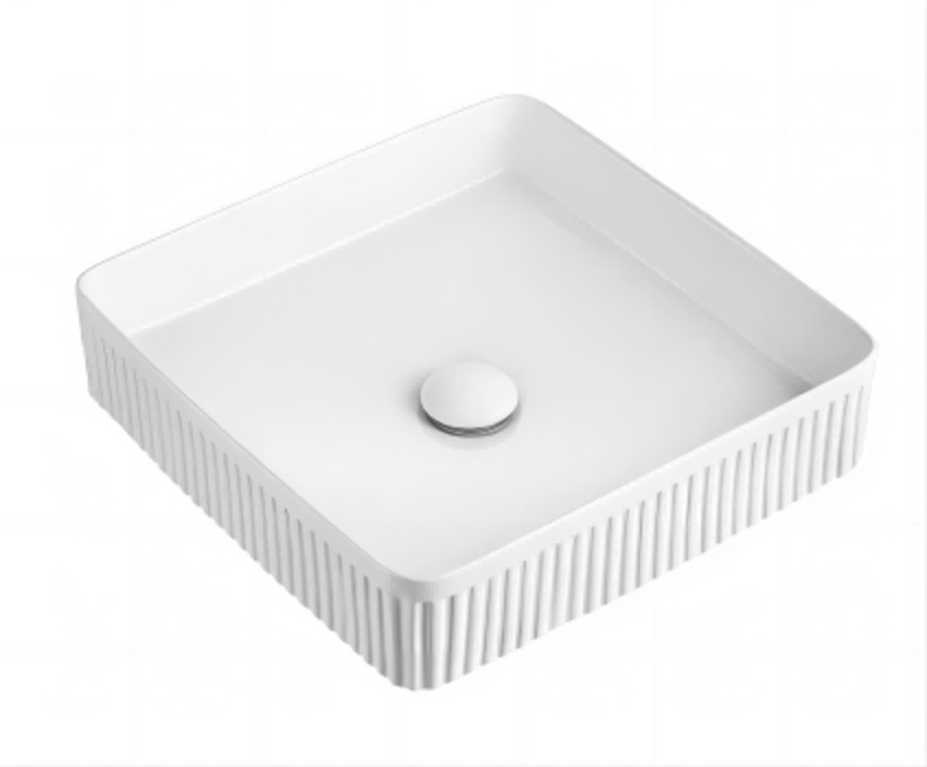 415*415*100mm SUN Gloss White Ceramic Square Fluted Counter Top Basin