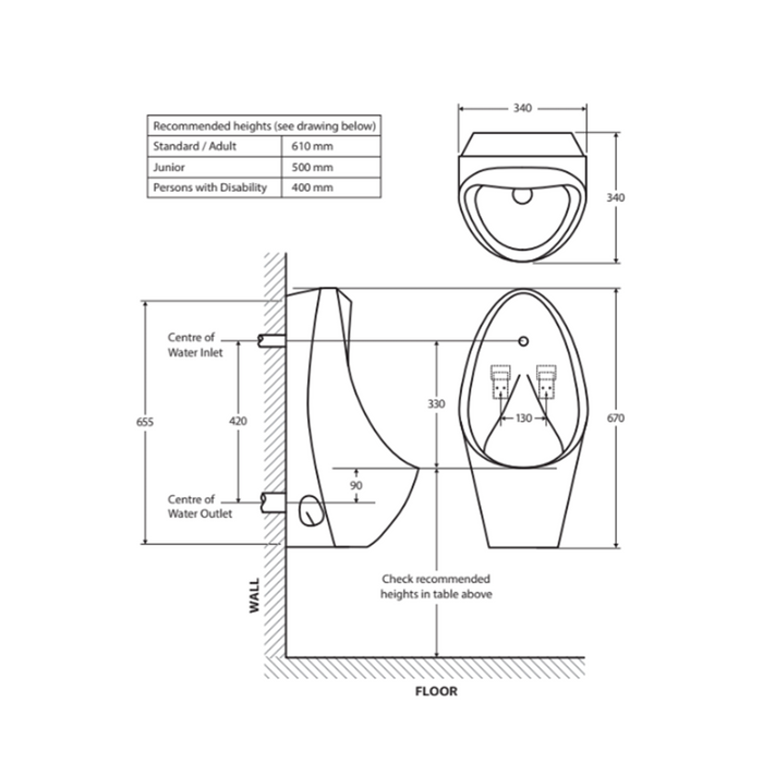 670*340*340mm Fienza Gloss White Isabella Wall-Hung Urinal Back Inlet