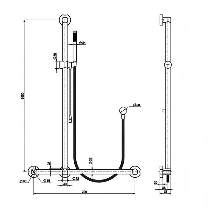 1050mm BK Care Round Stainless Steel Retrofit Sliding Shower On Rail With Care Handle