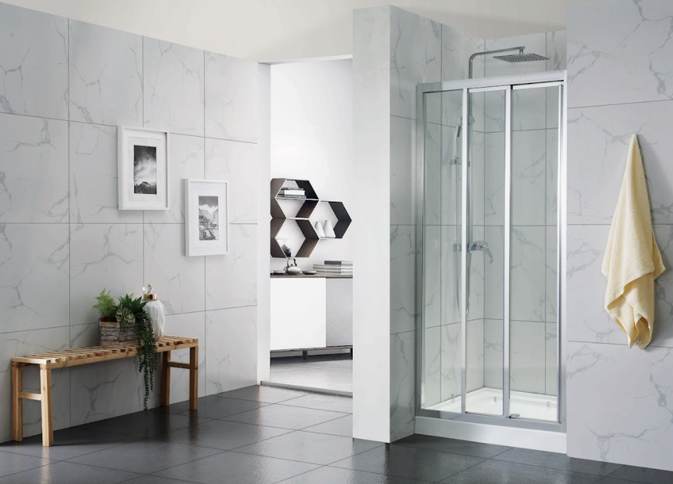 830-1030mm 6mm Tempered Glass L Shape 3 Panels Sliding Door Chrome Framed Shower Screens