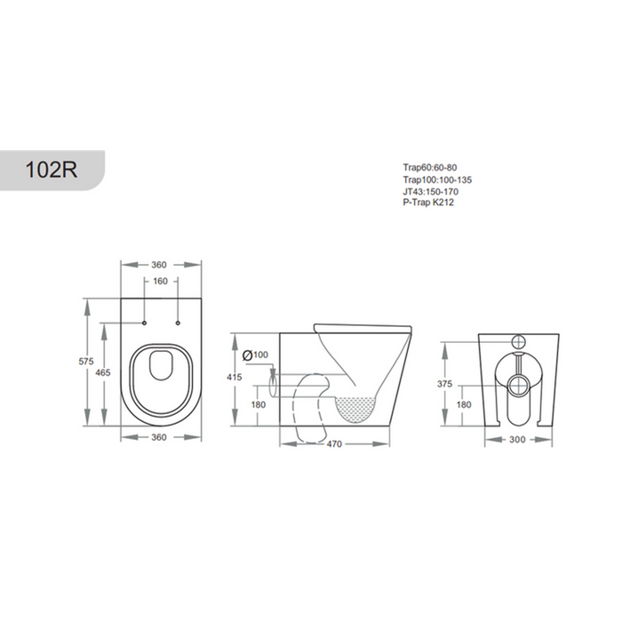 575*360*415mm Poseidon Avis Gloss White Rimless Wall Faced Floor Pan