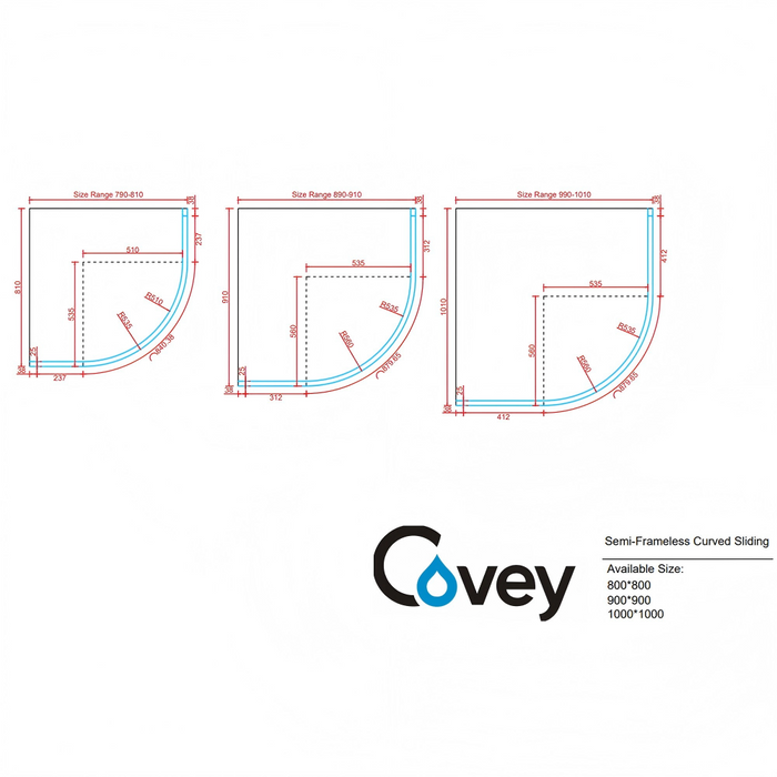800/900/1000mm Covey Semi-Frameless Curved Double Sliding Doors 6mm Tempered Glass Shower Screens - 2000mm Height