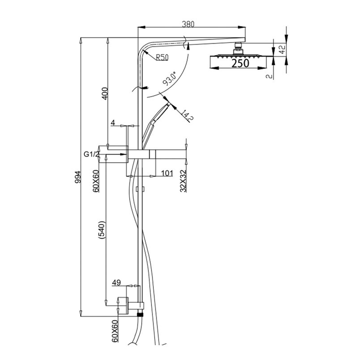 BK Eckig Brass Multifunction Shower With Overhead Rain Shower Twin Showers