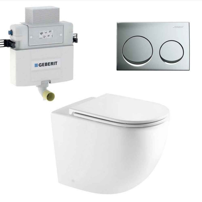 570*360*410mm Mercio Raul99 Gloss White Rimless Wall-Faced Floor Toilet & Geberit Alpha Cistern & Button