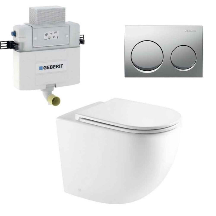 570*360*410mm Mercio Raul99 Gloss White Rimless Wall-Faced Floor Toilet & Geberit Alpha Cistern & Button