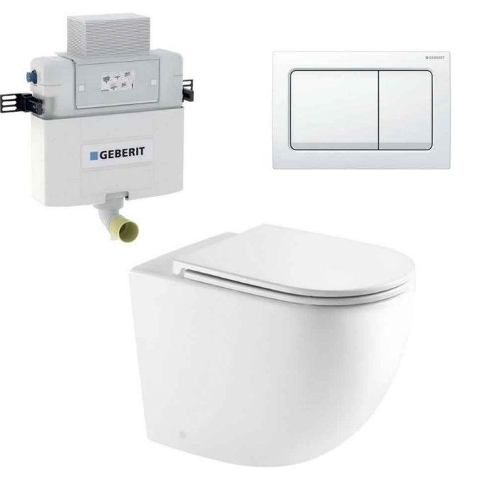 570*360*410mm Mercio Raul99 Gloss White Rimless Wall-Faced Floor Toilet & Geberit Alpha Cistern & Button