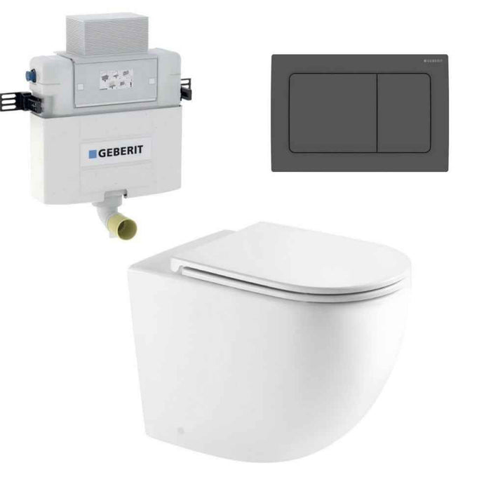 570*360*410mm Mercio Raul99 Gloss White Rimless Wall-Faced Floor Toilet & Geberit Alpha Cistern & Button