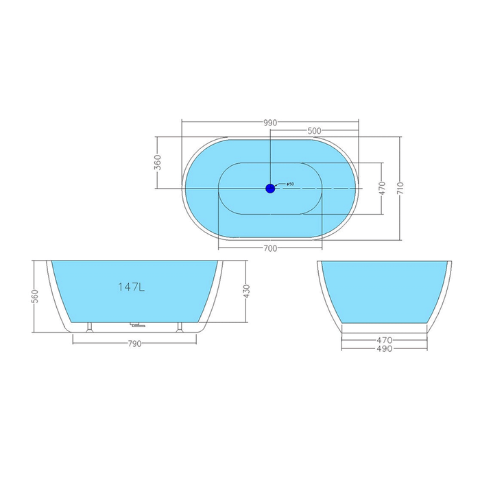 1000*700*550mm Lukka Gloss White Oval Acrylic Freestanding Bathtub