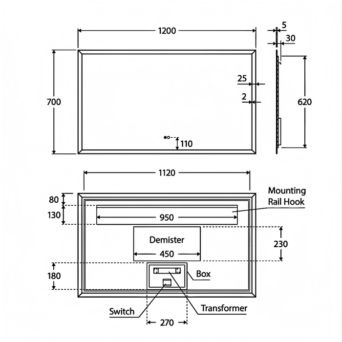 900-1200*700*5mm Fienza Hampton Rectangular Touch Sensors Frameless LED Mirror
