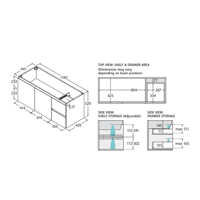 600-1800*460*520mm Door & Drawer Wall Hung Vanity