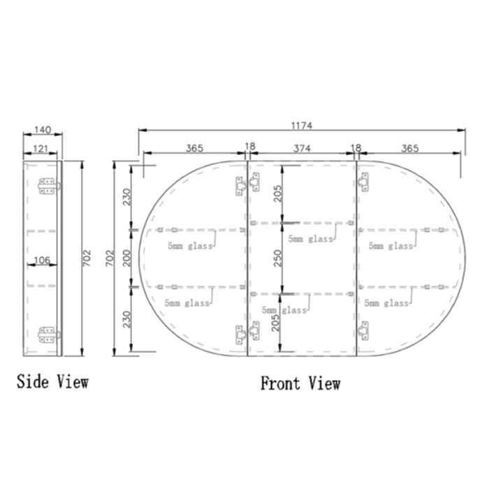 1200*700*140mm ABS London Oval Matt Black/Matt White Copper-free Mirror Shaving Cabinet