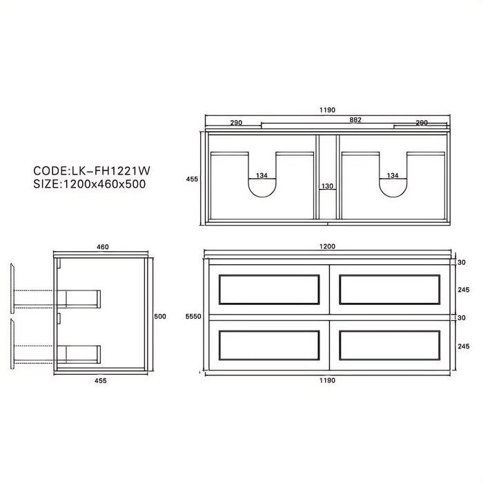 600-1500*460*500mm Lukka Hamilton Federation Matt Black PVC Wall Hung Vanity