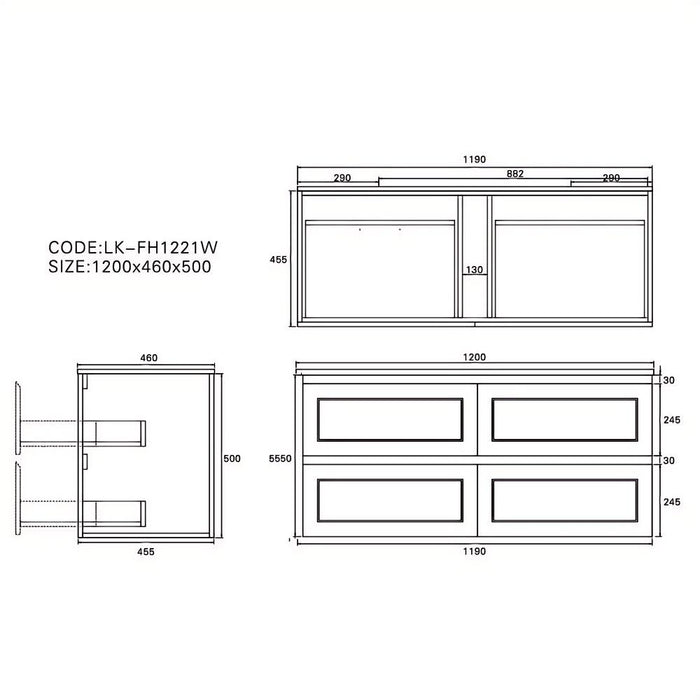 600-1500*460*500mm Lukka Hamilton Federation Matt Black PVC Wall Hung Vanity