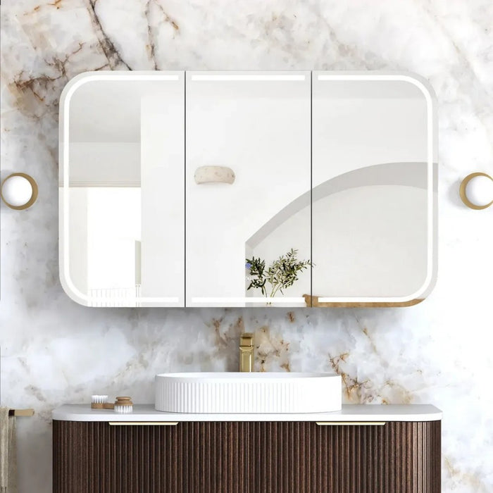 900-1500*750mm Otti LED Newport Sable Walnut Rectangle Curved Moisture Resistant Plywood Shaving Cabinet