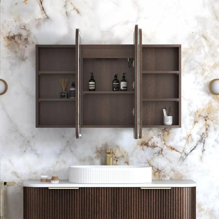 900-1500*750mm Otti LED Newport Sable Walnut Rectangle Curved Moisture Resistant Plywood Shaving Cabinet