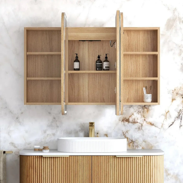 900-1500*750mm Otti LED Newport Woodland Oak Rectangle Curved Moisture Resistant Plywood Shaving Cabinet