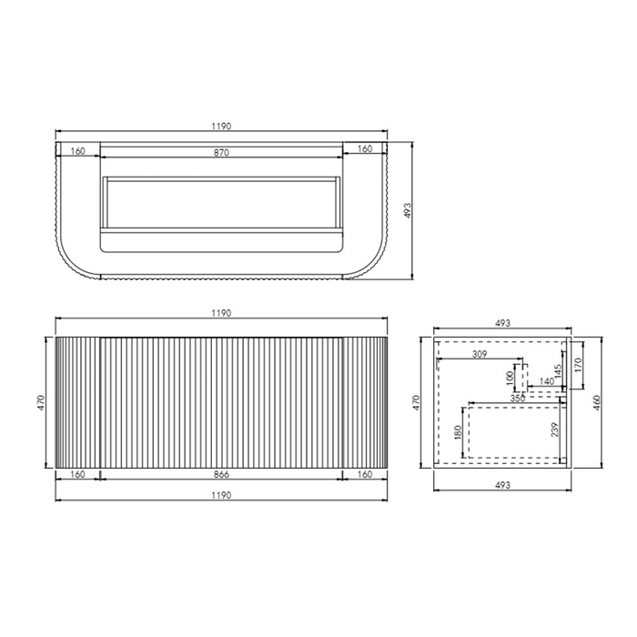 600-1800*500*470mm Poseidon Avalon Matt Black PVC Fluted Wall Hung Bathroom Vanity