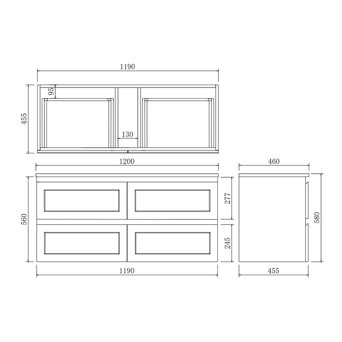 600-1500*460*560mm Poseidon PVC Matt Black Bathroom Wall Hung Vanity