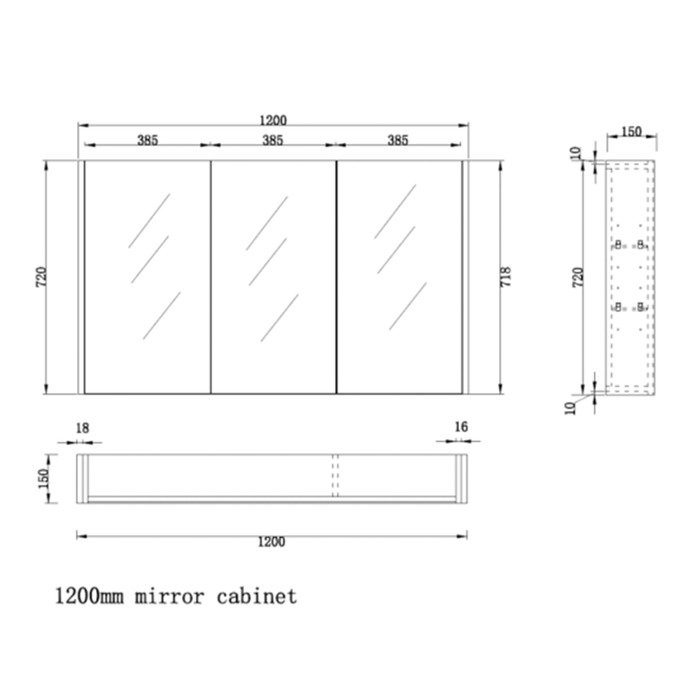 450-1500*720*150mm ABS Geneva Fluted Wall Hung Oak Timber Matt Black Mirror Shaving Cabinet