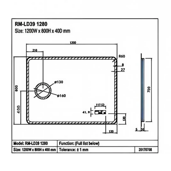 900-1500*800*40mm Sima Frameless Glass Copper-free Rectangle with Clock & Temperature LED Mirror