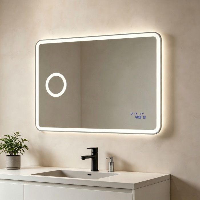 900-1500*800*40mm Sima Frameless Glass Copper-free Rectangle with Clock & Temperature LED Mirror