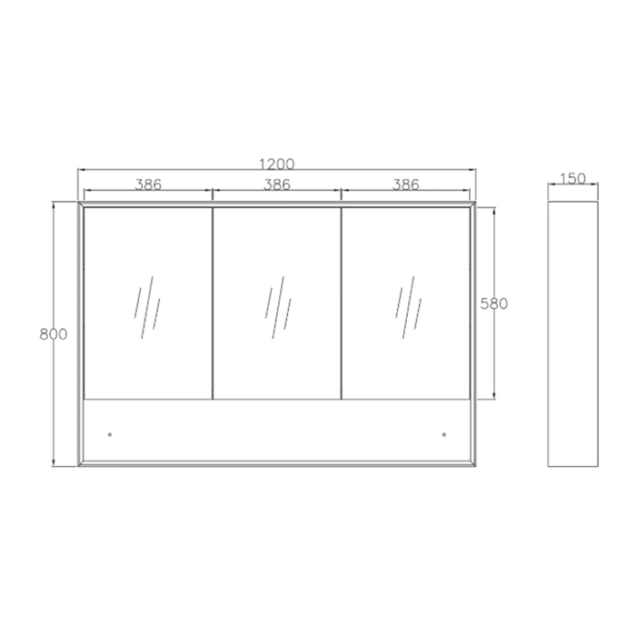 600-1200*800*150mm Otti MARLO Matt Black Moisture Resistant Plywood Glass Rectangle Shaving Cabinet With Shelf