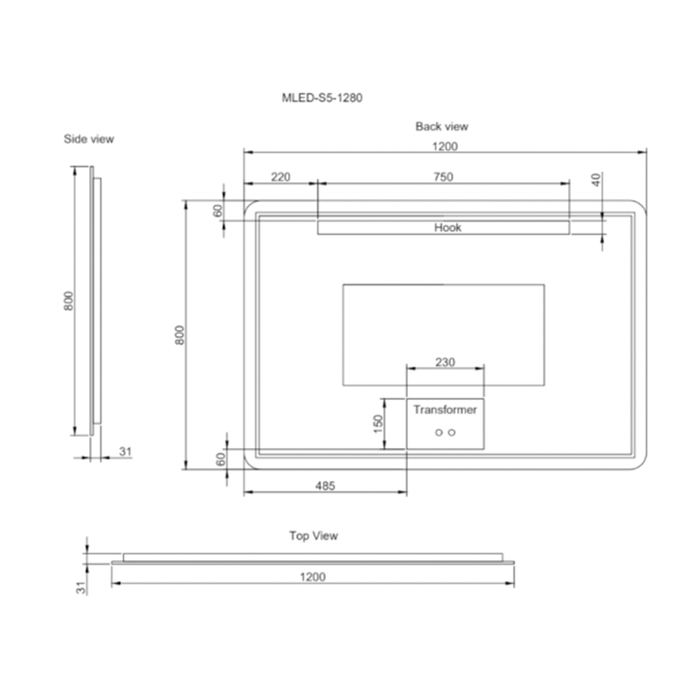500-1500*30mm ABS S5 Three Color Lights Backlit Rectangle Square With Defogging Function Easy Hook LED Mirror