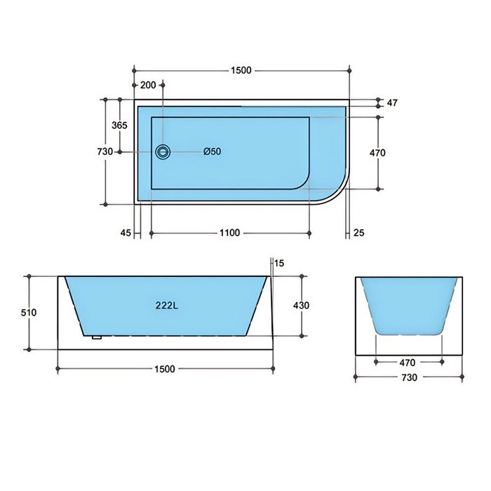 1300-1700*730*580mm Poseidon CBT Matt White Rectangle Acrylic Back To Wall Corner Back Bathtub
