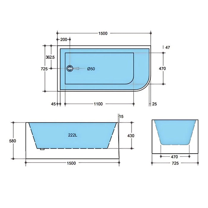 1300-1700*730*580mm Poseidon CBT Matt White Rectangle Acrylic Back To Wall Corner Back Bathtub