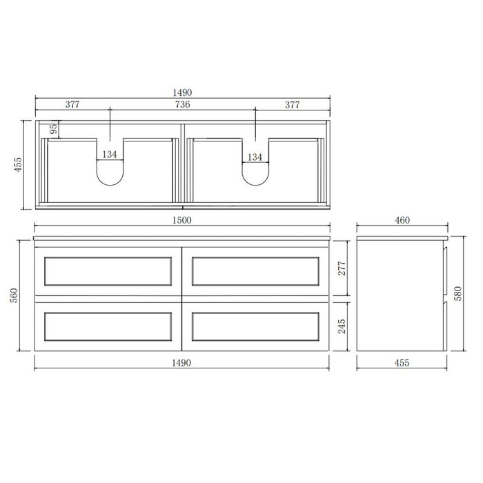 600-1500*460*560mm Poseidon PVC Matt Black Bathroom Wall Hung Vanity