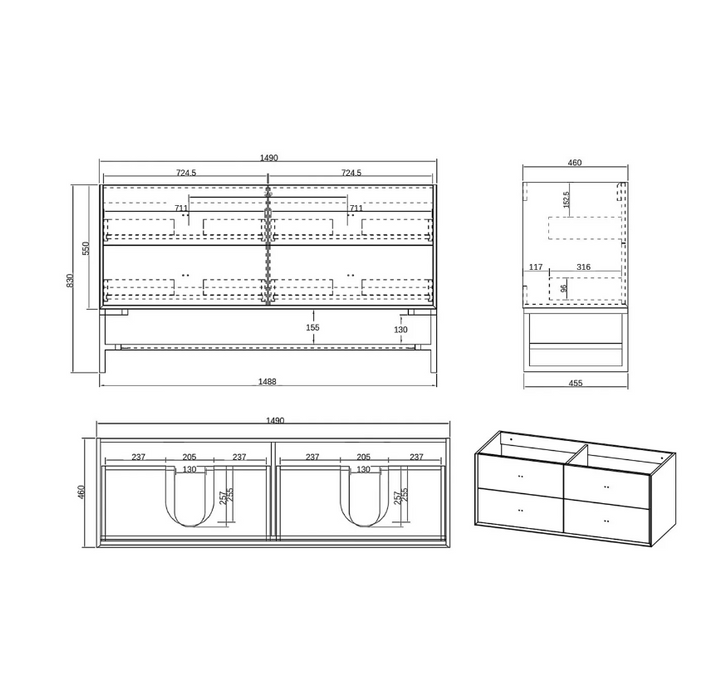 1500*460*550mm Boston Light Grey High Moisture Resistant Plywood/Polyurethane Wall Hung Vanity - HD reno