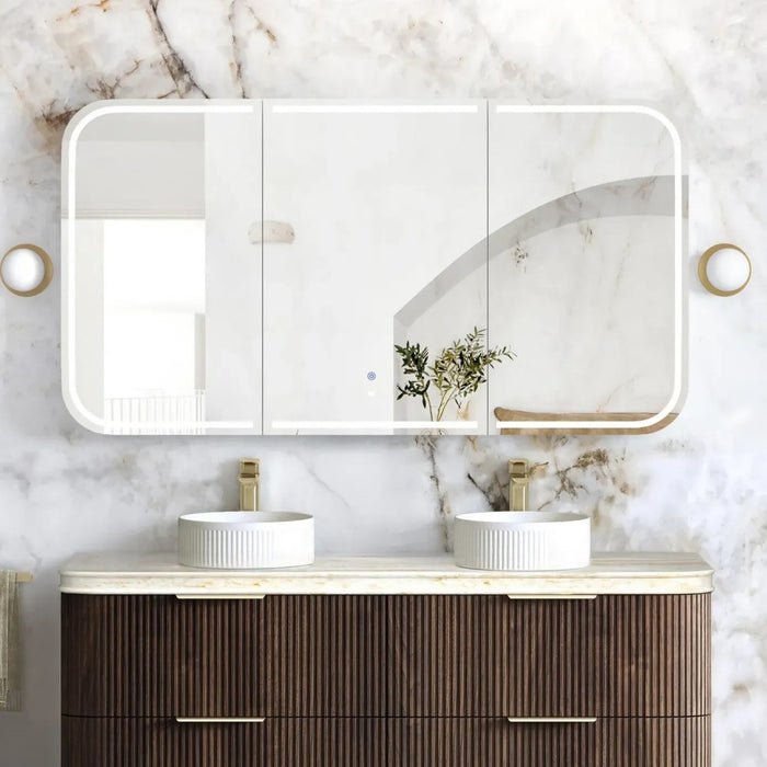 900-1500*750mm Otti LED Newport Sable Walnut Rectangle Curved Moisture Resistant Plywood Shaving Cabinet