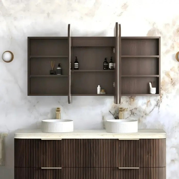 900-1500*750mm Otti Newport Sable Walnut Rectangle Curved Moisture Resistant Plywood Shaving Cabinet